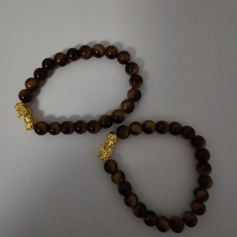 Tiger’s Eye Beaded Bracelet with Gold Lucky Charm | Stretch | Unisex